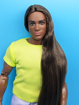 #ad OOAK Custom Reroot Barbie Signature Looks Doll 25 Black Ken Long Dark Brown Hair