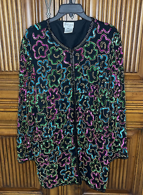 #ad Stenay Plus Womens Top Jacket 3X Black Purple Sequin Evening Gala Formal Party