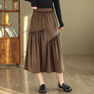 #ad Womens Casual High Waist Elastic Ruffles Loose Midi Skirt Autumn Fashion Dress