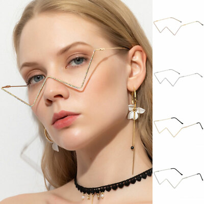 #ad Luxury Diamond Eyeglasses Metal Frame Lensless V Shape Half Frame Shades Womens