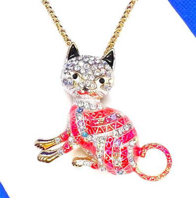 #ad Colorful Pink CAT Betsey Johnson Pendant Necklace amp; BROOCH Pin