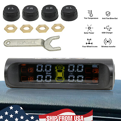 #ad TPMS Wireless Solar Car Tire Tyre Pressure Monitor Monitoring System 4 Sensors