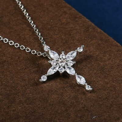 #ad 14k White Gold Plated 1.50Ct Marquise Cut Simulated Diamond Cross Womens Pendant