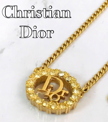 #ad Christian Dior Circle Logo Rhinestone Necklace Pendant Gold Chain Plated Women