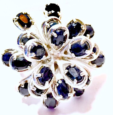 #ad VINTAGE Sterling Silver 7 CARET Blue Sapphire Cluster Gemstone FINE Jewelry Ring