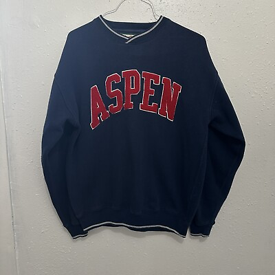 #ad Vintage Aspen Spell Out Sweatshirt Mens Medium Blue Sweater Pullover Colorado