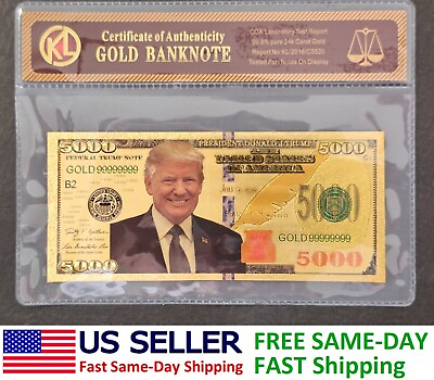 #ad 1Pc President Donald Trump Colorized $5000 Bill Gold Foil Banknote US w COA 🔥
