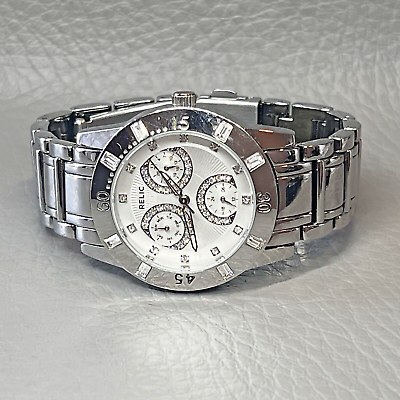 #ad Relic Watch Women Silver Tone Chrono White 34 mm Dial 6“ Band Embellished Bezel