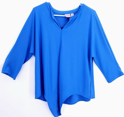 #ad Easywear 3 Womens Top Blue 3 4 Sleeve Split Neck Asymmetrical Hem Pullover Sz 16