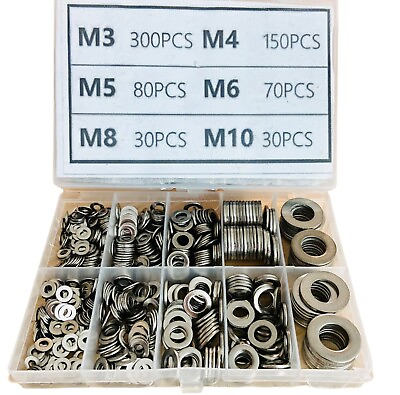 #ad 660 Pieces of 304 Stainless Steel Washers Flat Washer Assortment Set Kit 6 Sizes